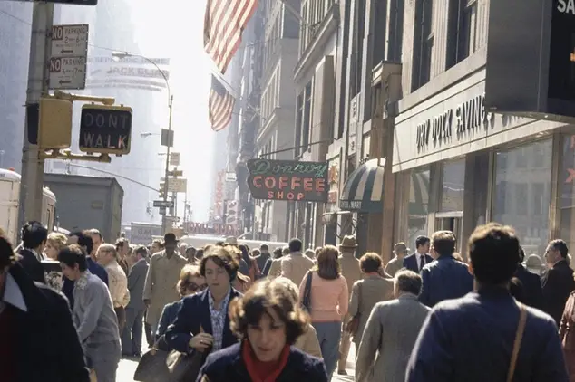 Street scene of the Garment District in New York City in 1976.